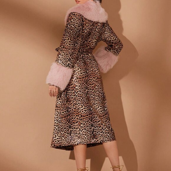 Coffee Brown Casual Women's Fluffy Leopard Party Jacket - Picture 2 of 8